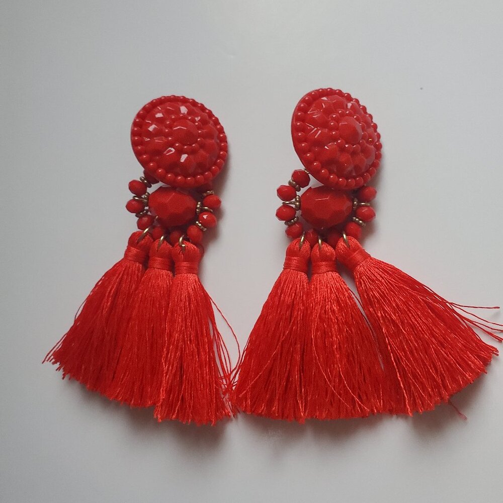 Bright Red Bohemian Statement Tassel Dangle Earrings Holiday Party Convo Piece!